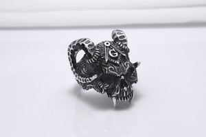 Sterling Silver Ram's Skull Ring with Square and Compasseses, Handmade Mason Jewelry - vikingworkshop