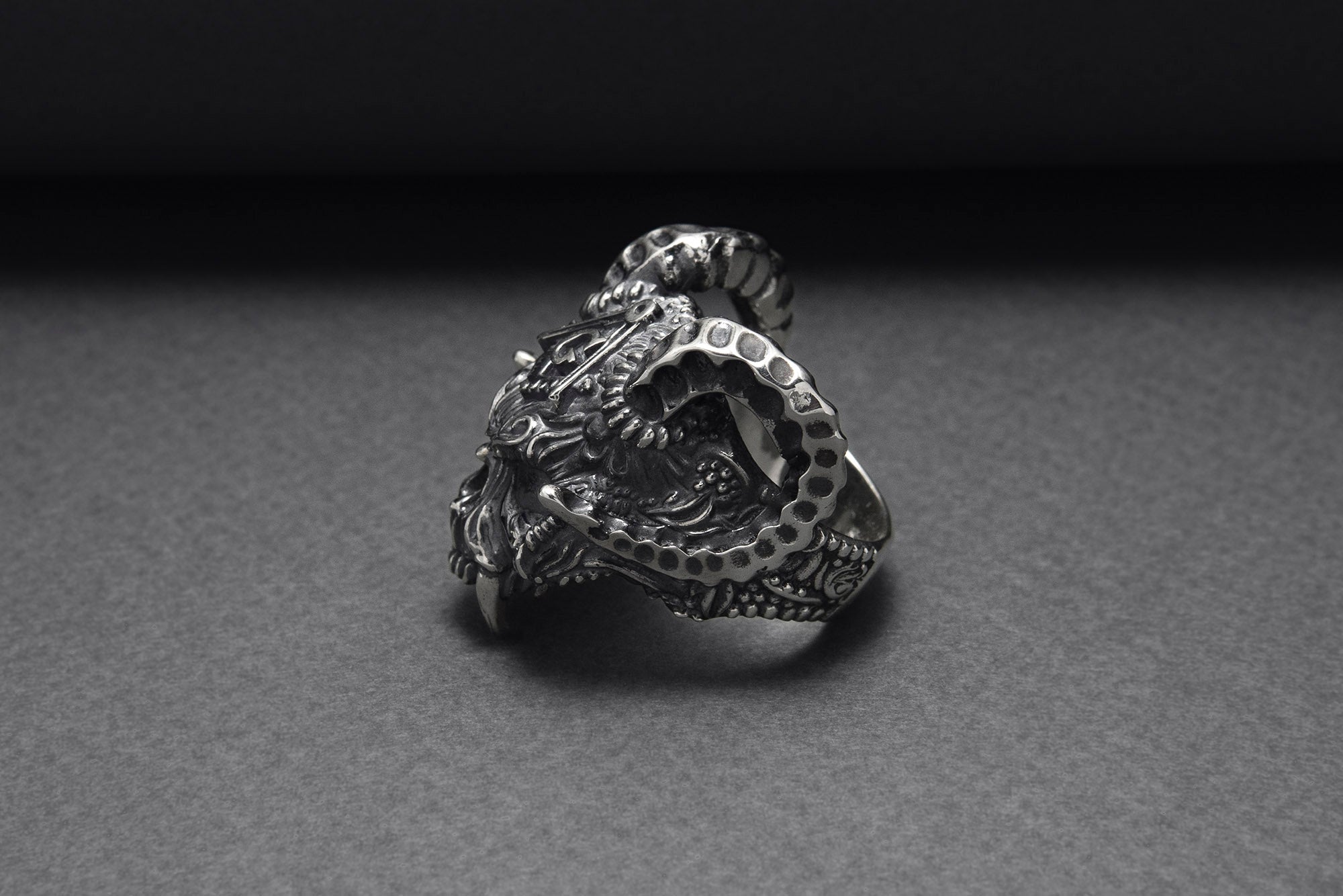 Sterling Silver Ram's Skull Ring with Square and Compasseses, Handmade Mason Jewelry - vikingworkshop