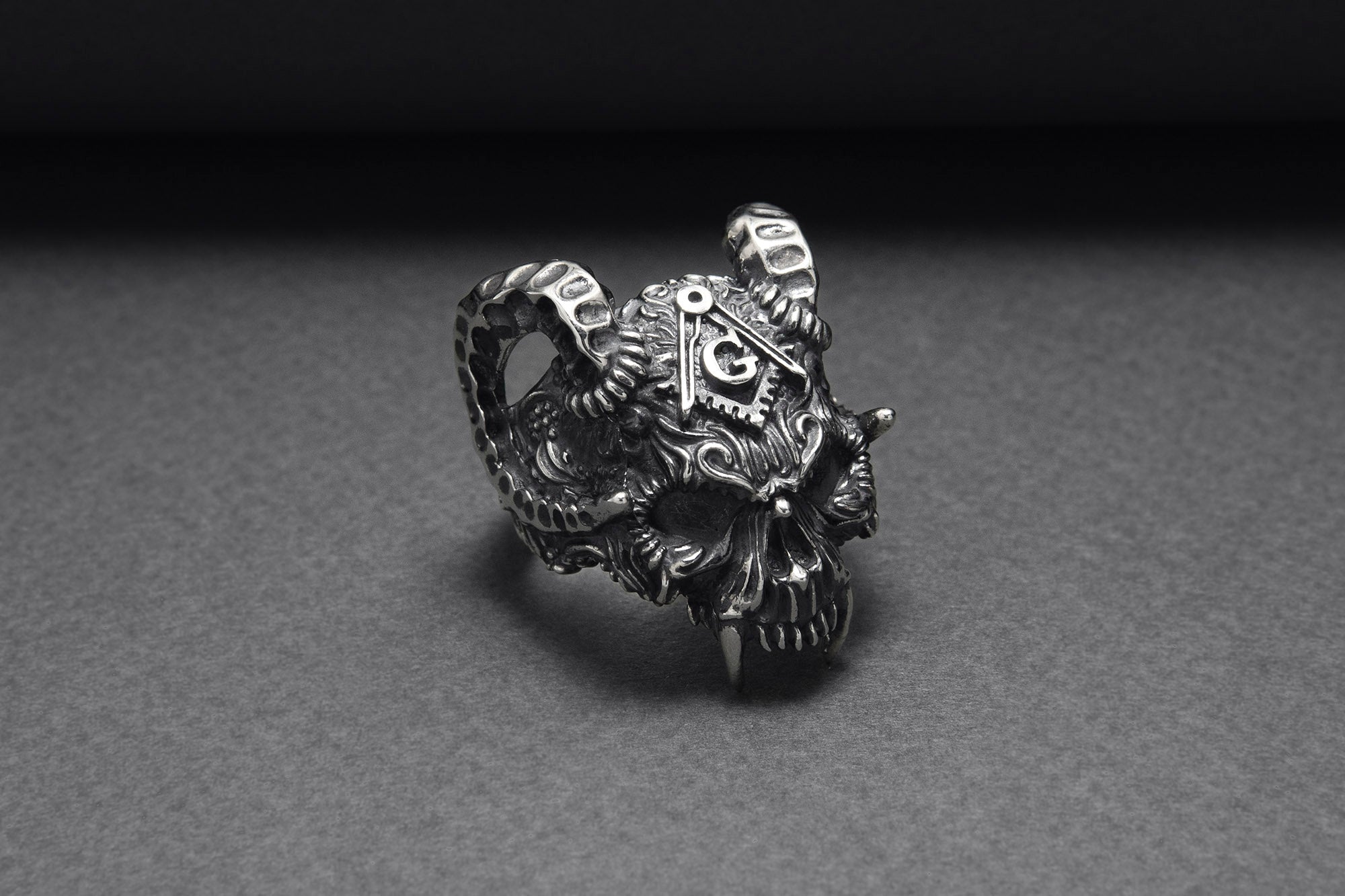 Sterling Silver Ram's Skull Ring with Square and Compasseses, Handmade Mason Jewelry - vikingworkshop