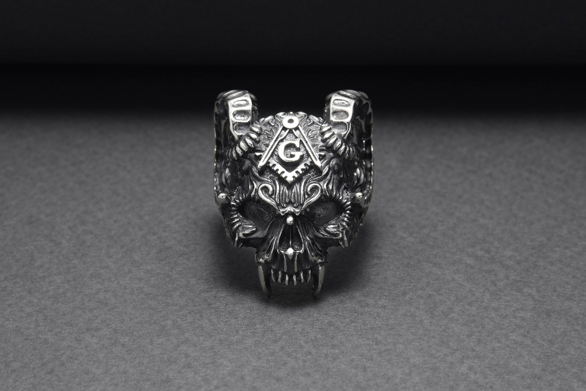 Sterling Silver Ram's Skull Ring with Square and Compasseses, Handmade Mason Jewelry - vikingworkshop