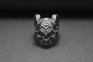 Sterling Silver Ram's Skull Ring with Square and Compasseses, Handmade Mason Jewelry - vikingworkshop