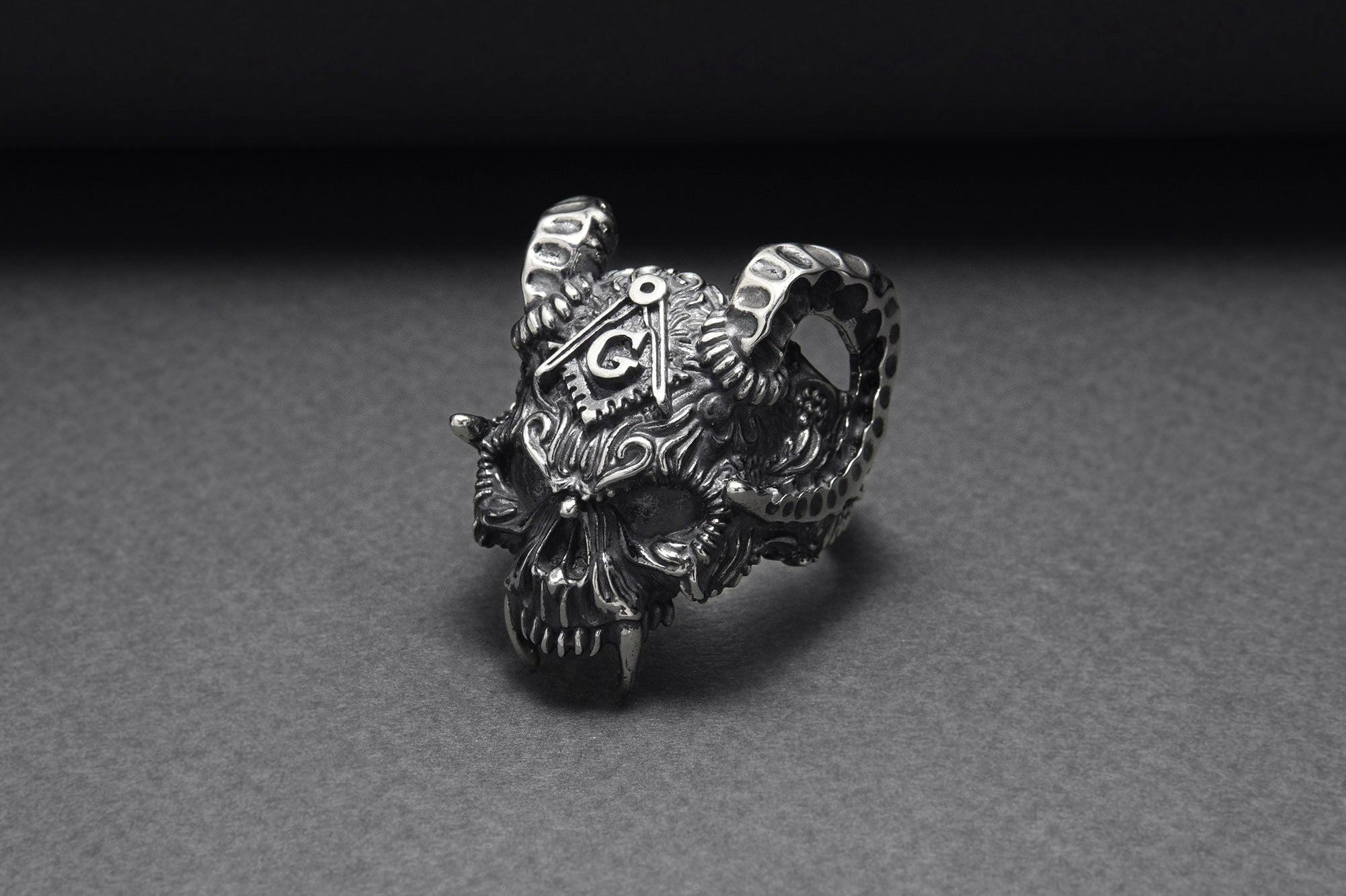 Sterling Silver Ram's Skull Ring with Square and Compasseses, Handmade Mason Jewelry - vikingworkshop