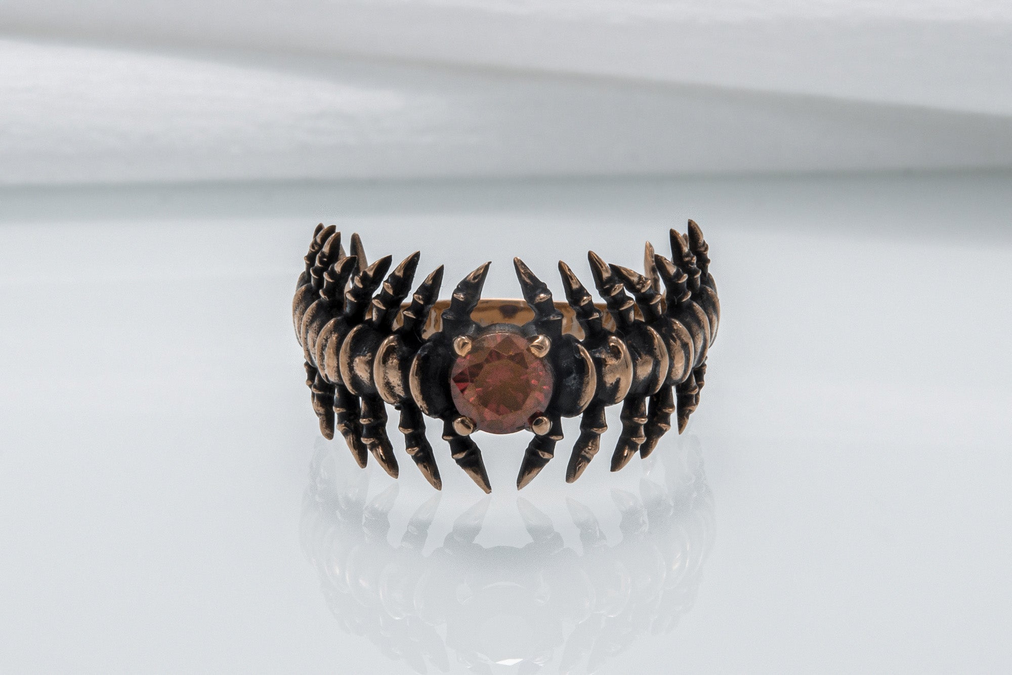 Backbone Ring with Garnet Bronze Handcrafted Unique Jewelry - vikingworkshop