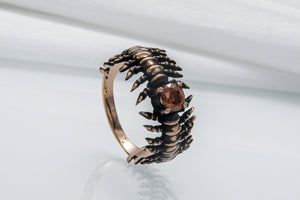 Backbone Ring with Garnet Bronze Handcrafted Unique Jewelry - vikingworkshop