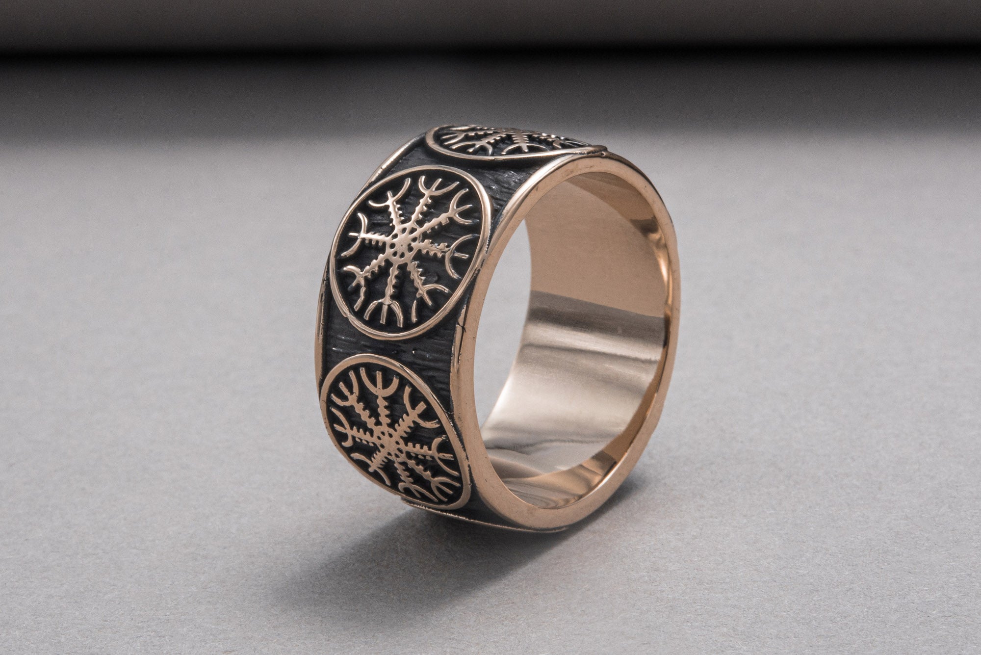 Bronze Viking ring with Helm of Awe and rough texture, handmade jewelry - vikingworkshop