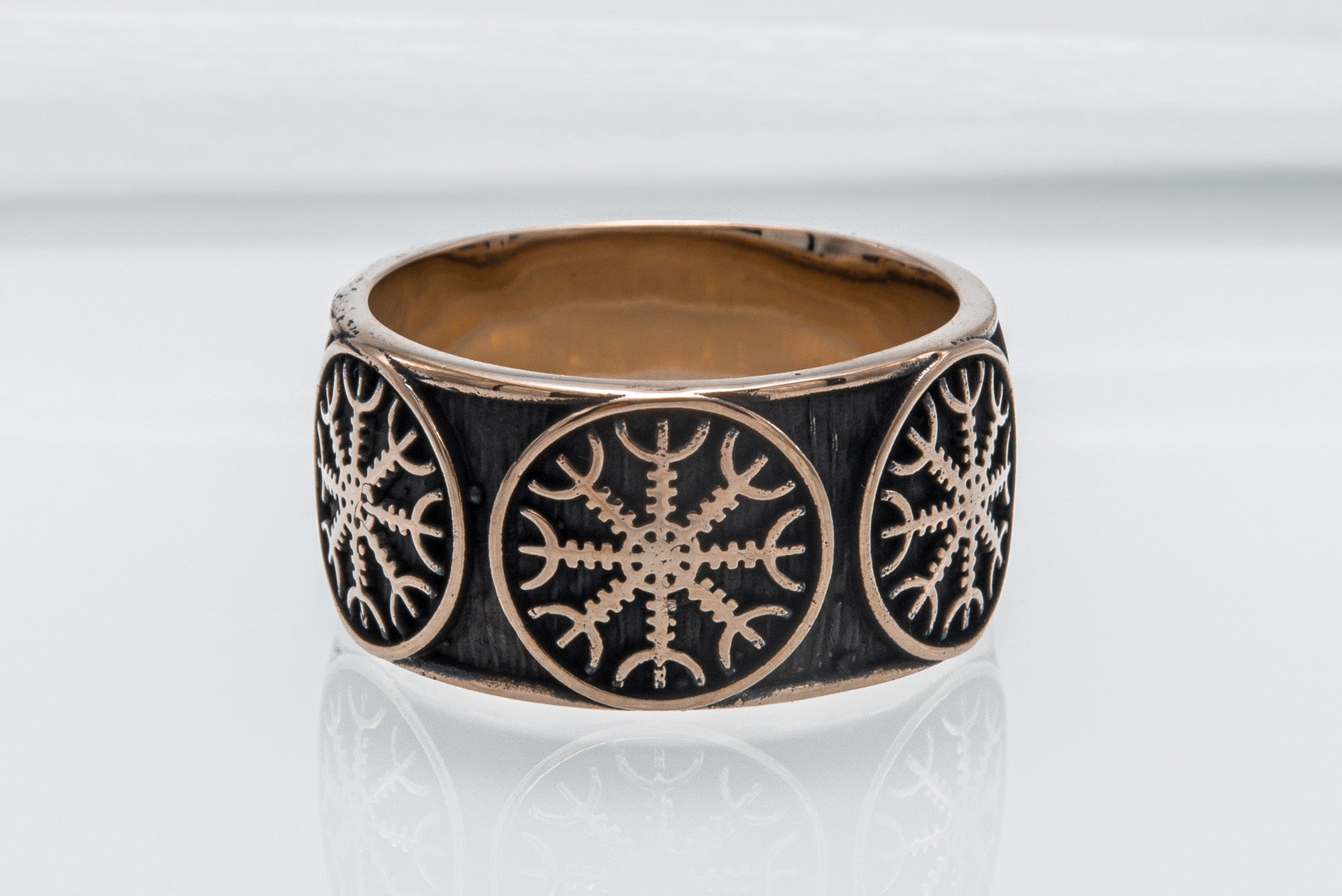 Bronze Viking ring with Helm of Awe and rough texture, handmade jewelry - vikingworkshop