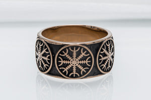 Bronze Viking ring with Helm of Awe and rough texture, handmade jewelry - vikingworkshop