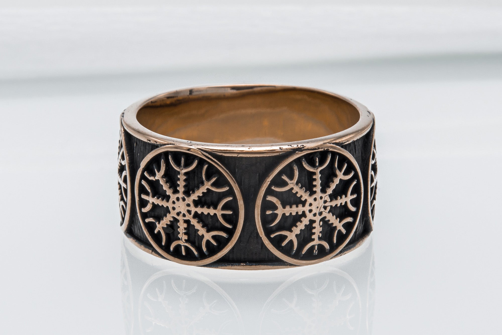 Bronze Viking ring with Helm of Awe and rough texture, handmade jewelry - vikingworkshop