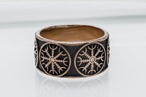 Bronze Viking ring with Helm of Awe and rough texture, handmade jewelry - vikingworkshop