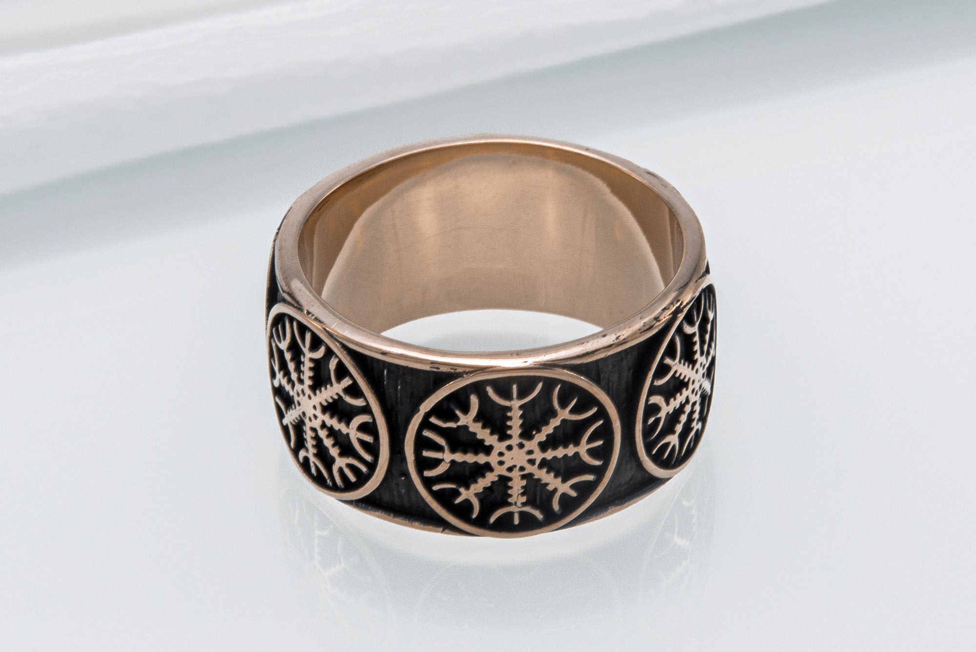 Bronze Viking ring with Helm of Awe and rough texture, handmade jewelry - vikingworkshop