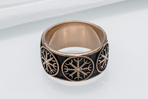 Bronze Viking ring with Helm of Awe and rough texture, handmade jewelry - vikingworkshop