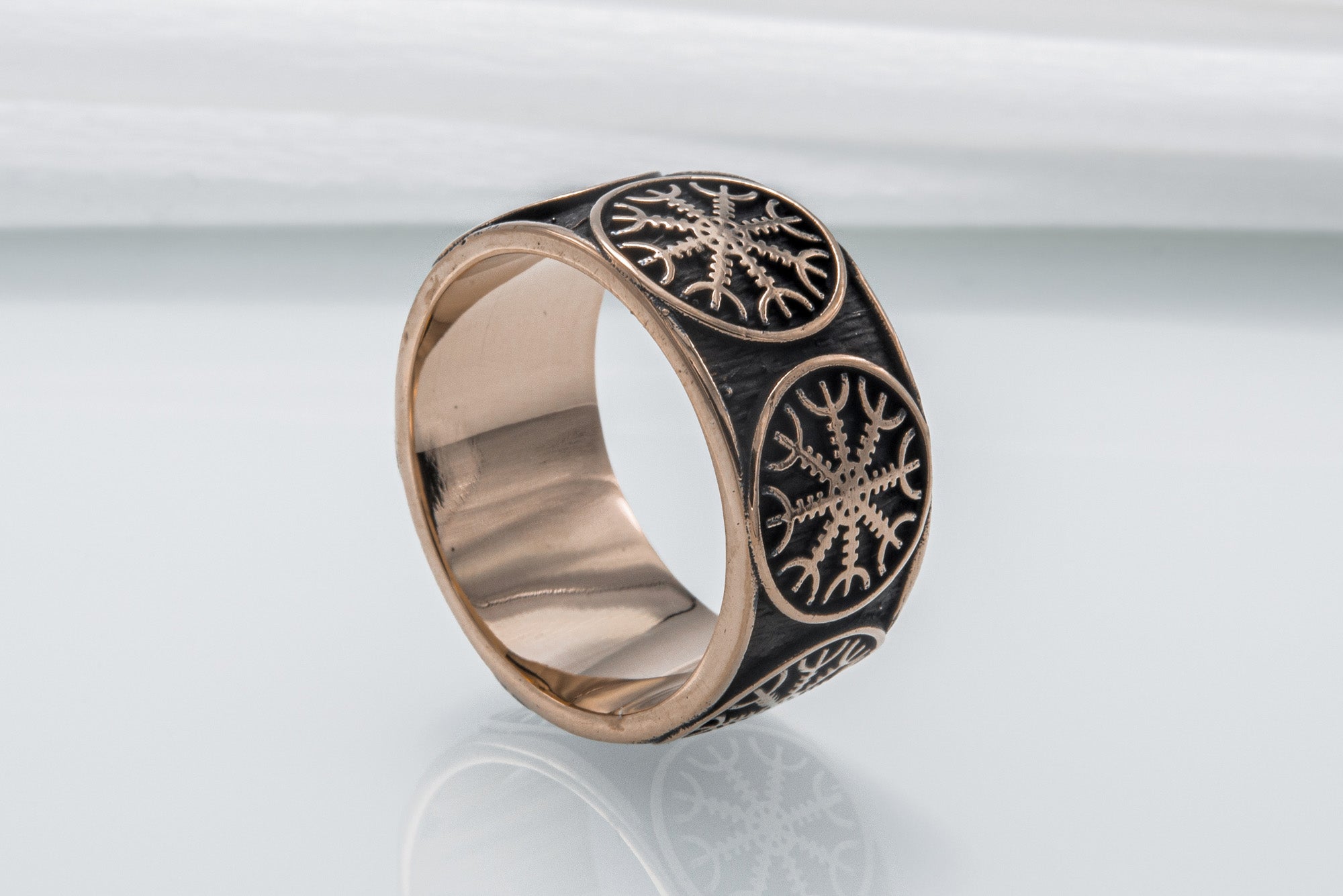 Bronze Viking ring with Helm of Awe and rough texture, handmade jewelry - vikingworkshop