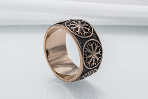 Bronze Viking ring with Helm of Awe and rough texture, handmade jewelry - vikingworkshop