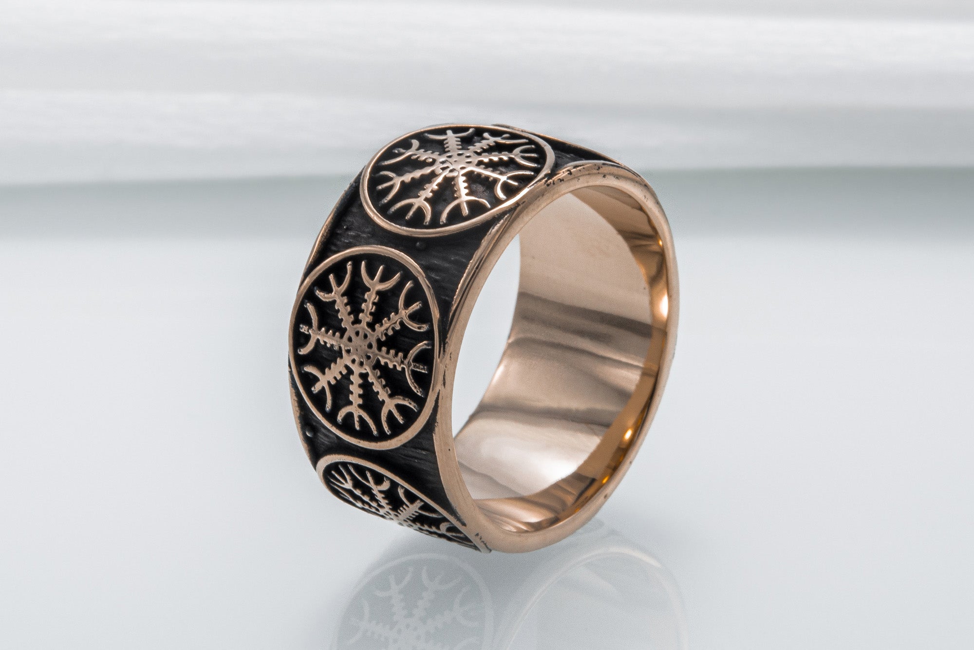 Bronze Viking ring with Helm of Awe and rough texture, handmade jewelry - vikingworkshop