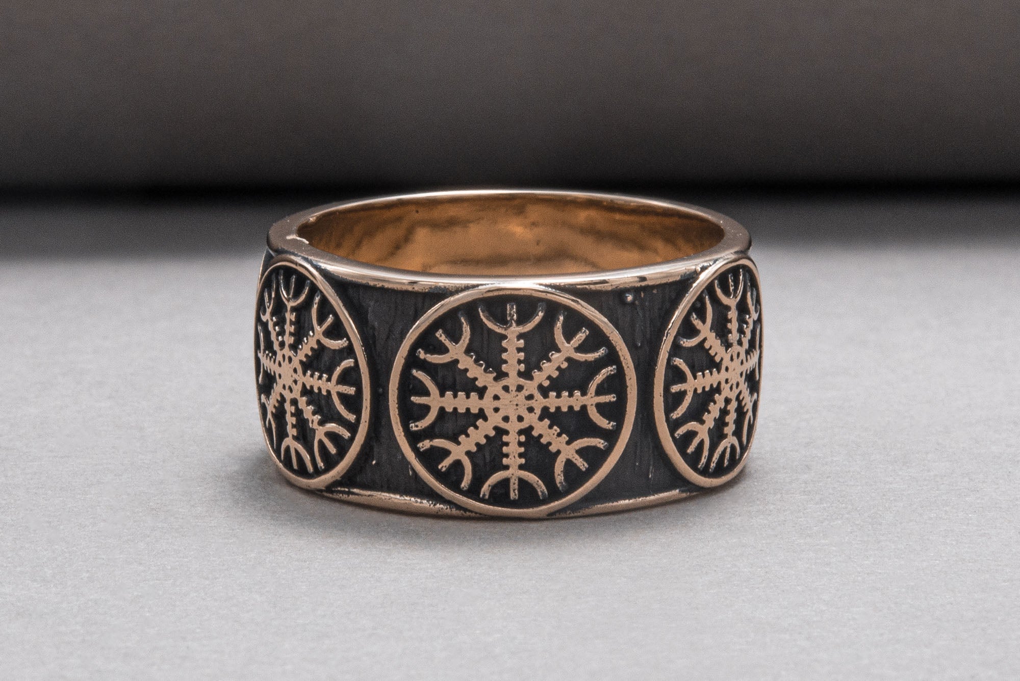 Bronze Viking ring with Helm of Awe and rough texture, handmade jewelry - vikingworkshop