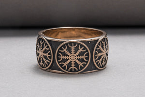 Bronze Viking ring with Helm of Awe and rough texture, handmade jewelry - vikingworkshop