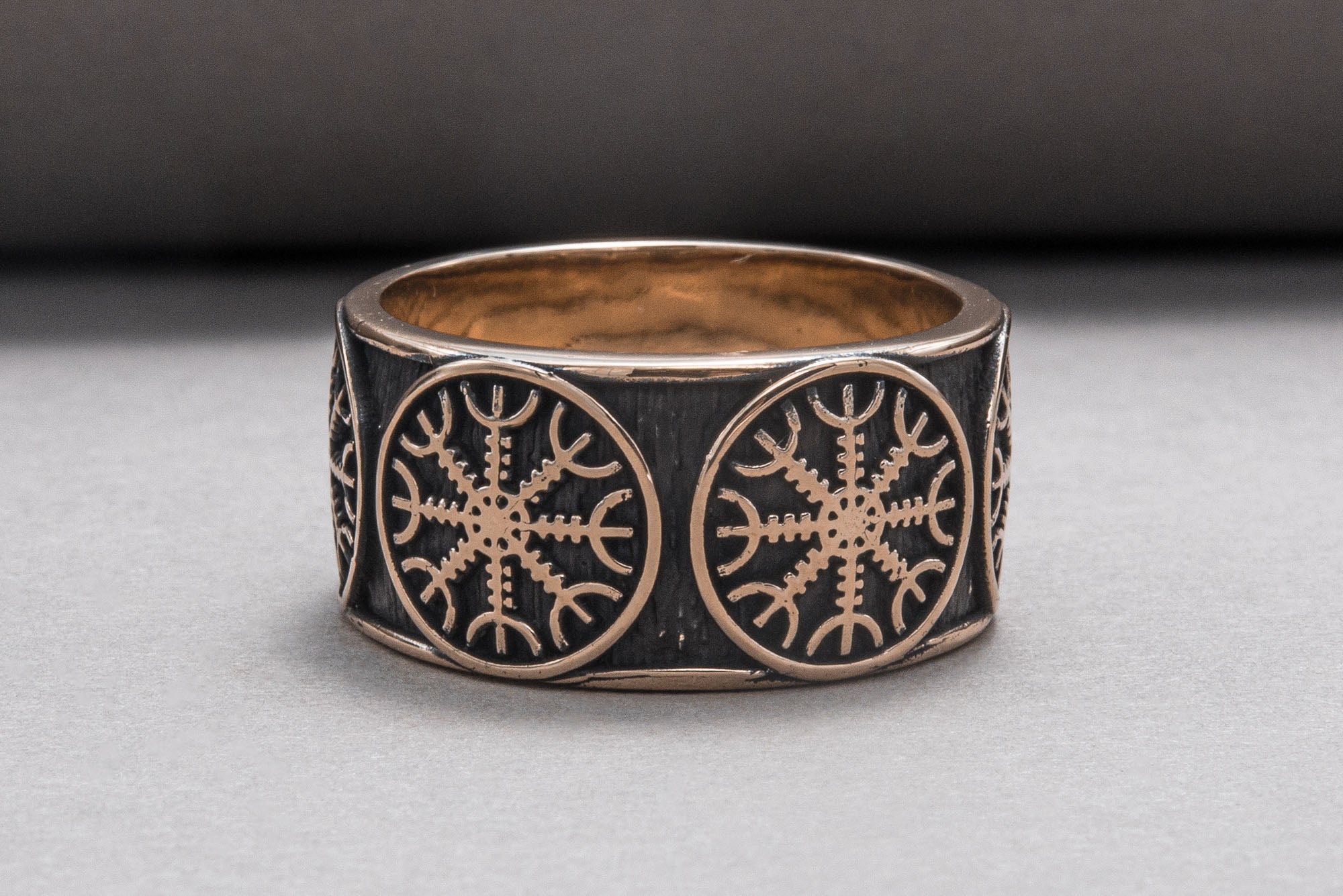 Bronze Viking ring with Helm of Awe and rough texture, handmade jewelry - vikingworkshop