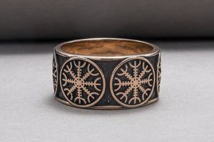 Bronze Viking ring with Helm of Awe and rough texture, handmade jewelry - vikingworkshop