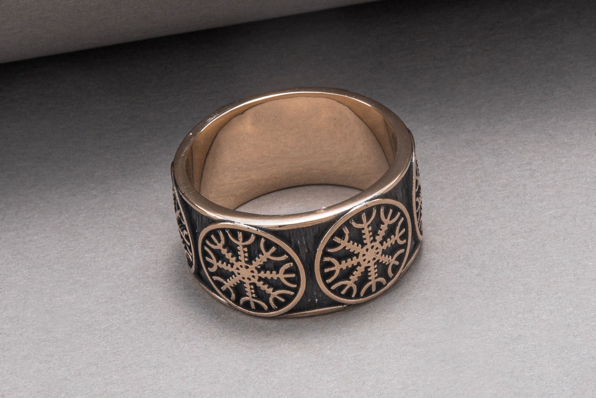 Bronze Viking ring with Helm of Awe and rough texture, handmade jewelry - vikingworkshop