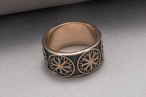 Bronze Viking ring with Helm of Awe and rough texture, handmade jewelry - vikingworkshop