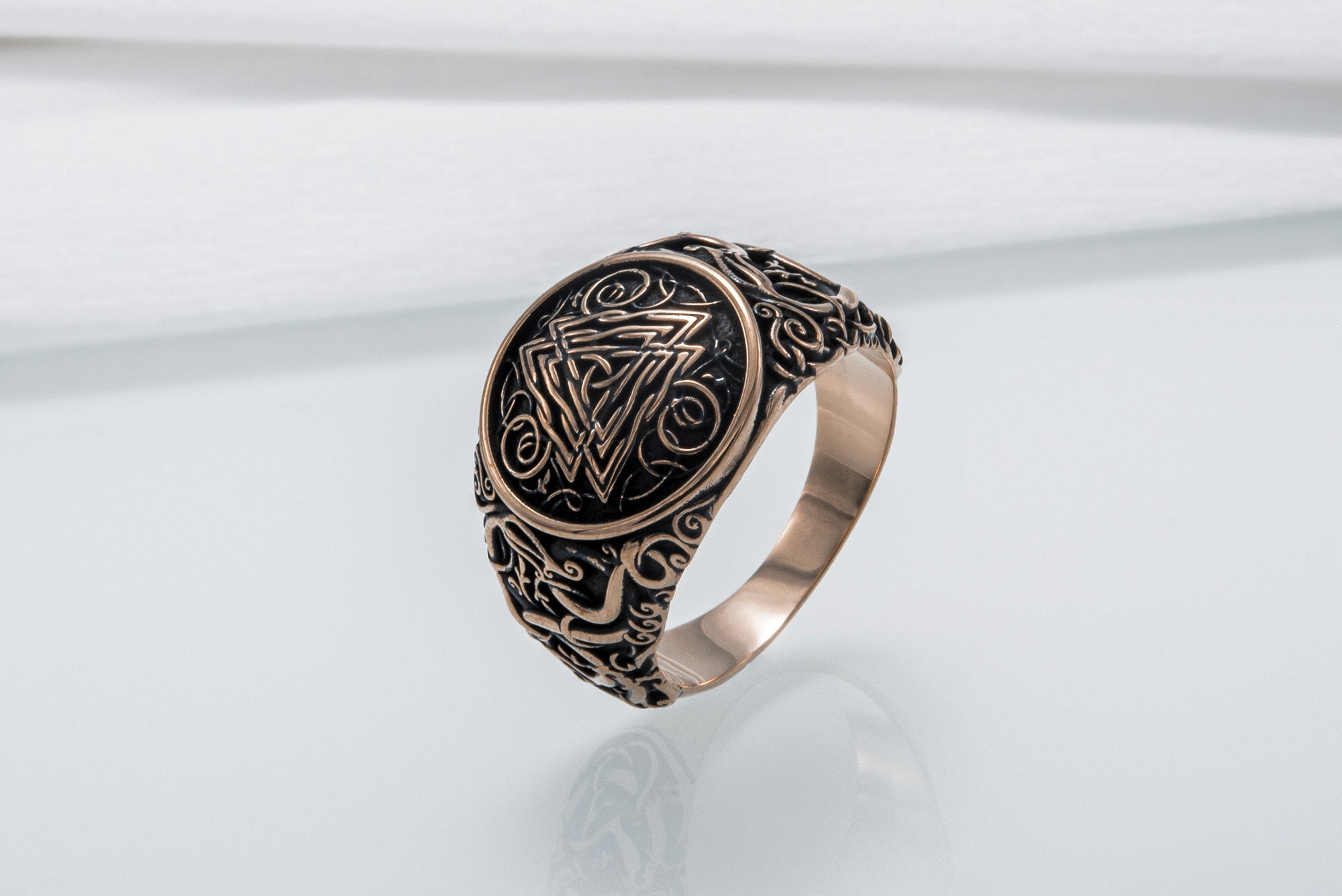 Valknut Symbol Ring with Urnes Style Bronze Viking Jewelry - vikingworkshop