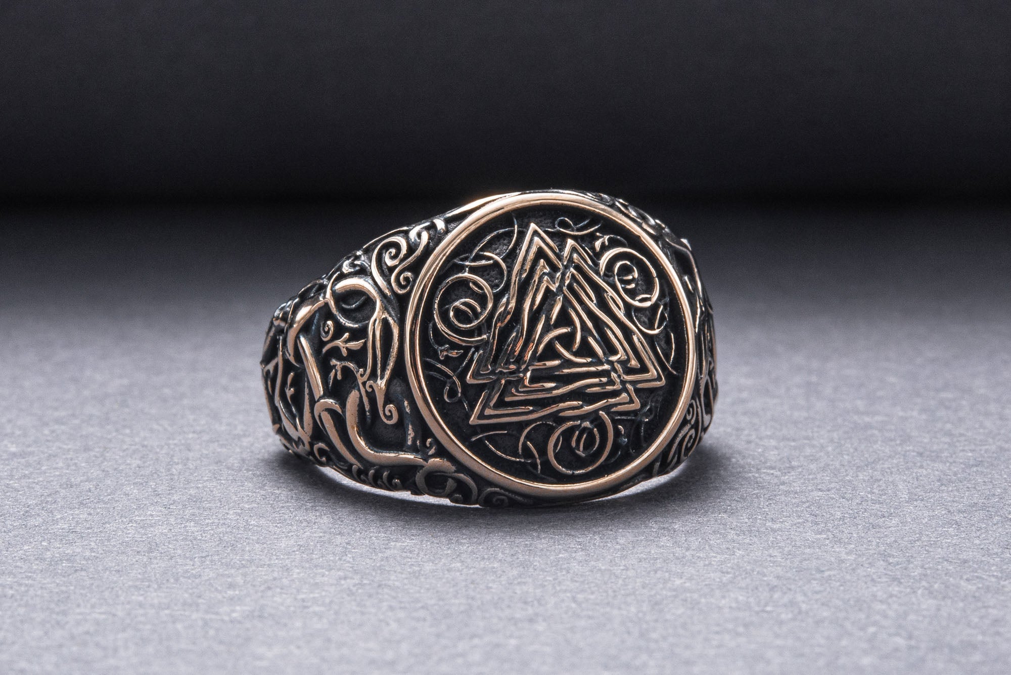 Valknut Symbol Ring with Urnes Style Bronze Viking Jewelry - vikingworkshop