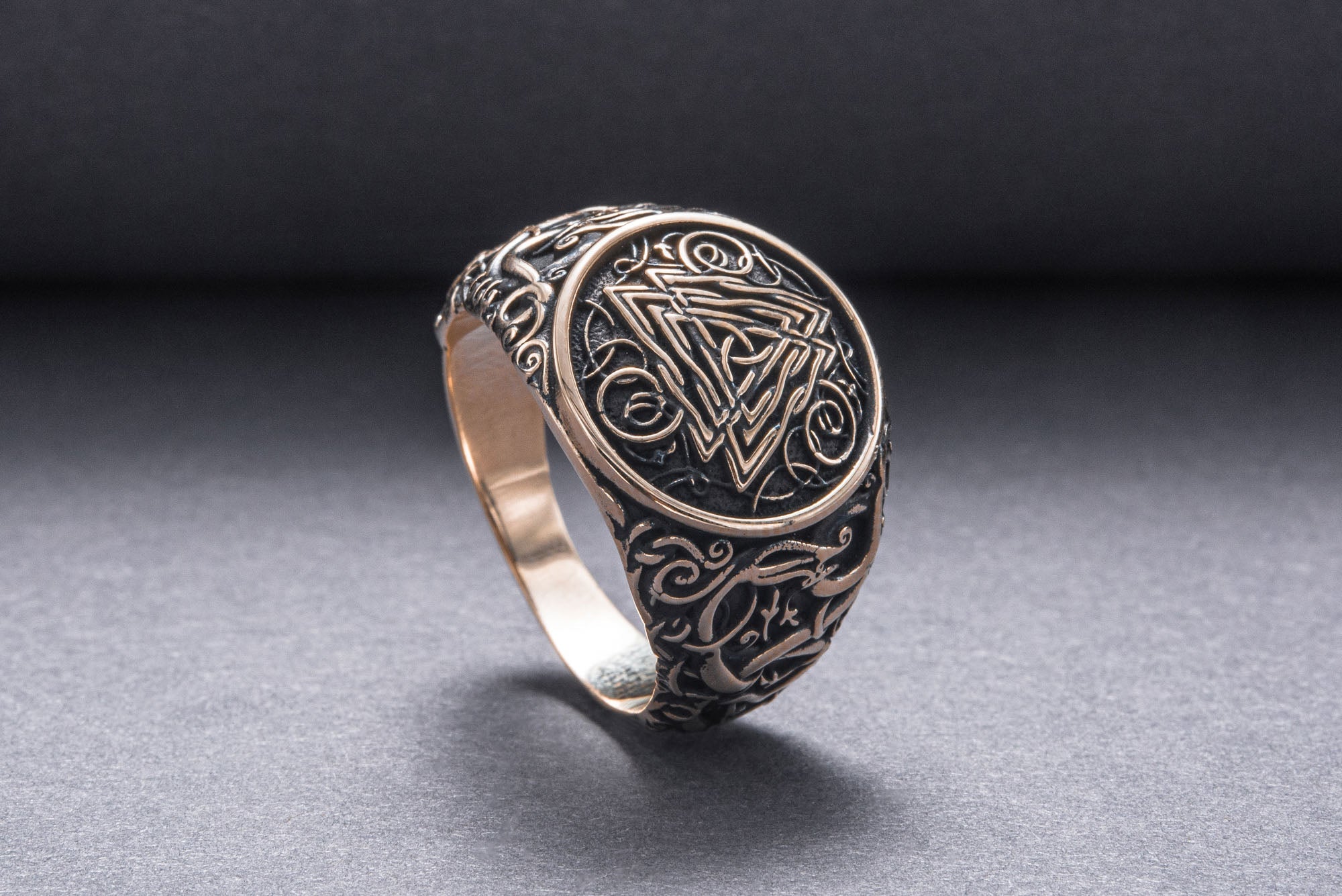 Valknut Symbol Ring with Urnes Style Bronze Viking Jewelry - vikingworkshop
