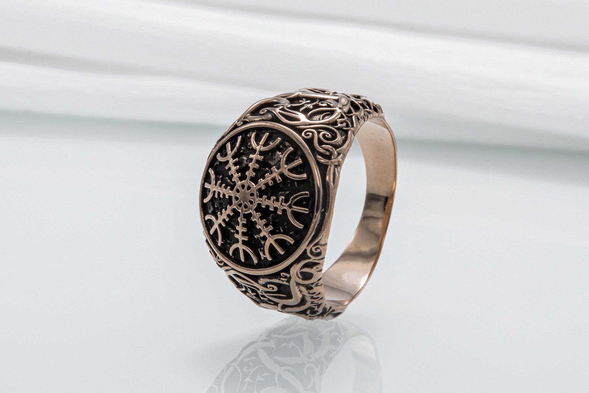 Helm of Awe Symbol with Urnes Style Bronze Norse Ring - vikingworkshop