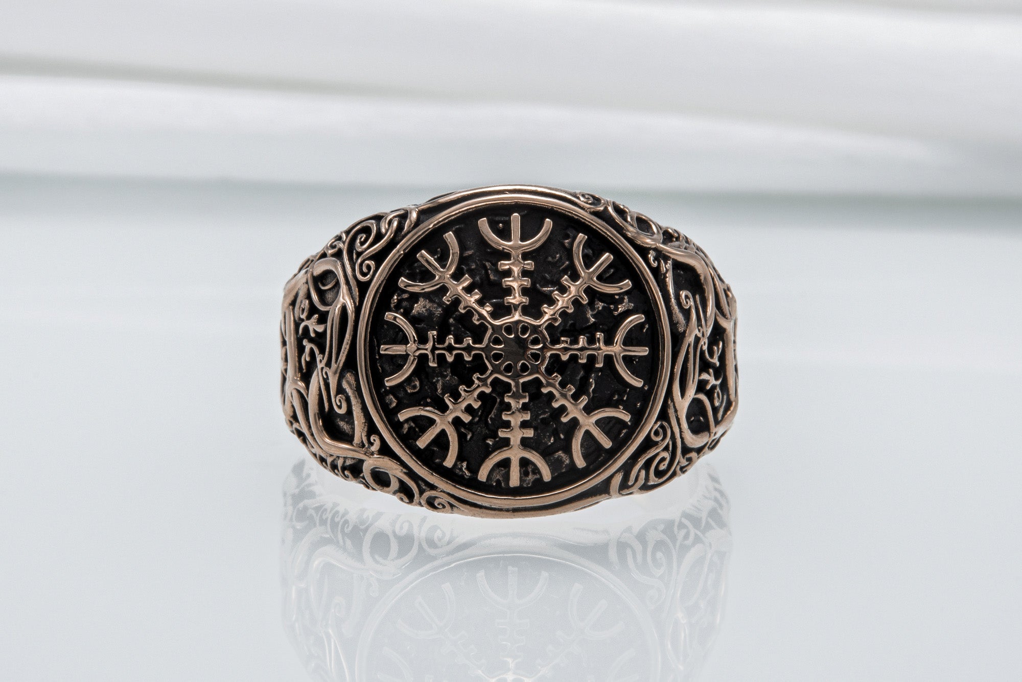 Helm of Awe Symbol with Urnes Style Bronze Norse Ring - vikingworkshop