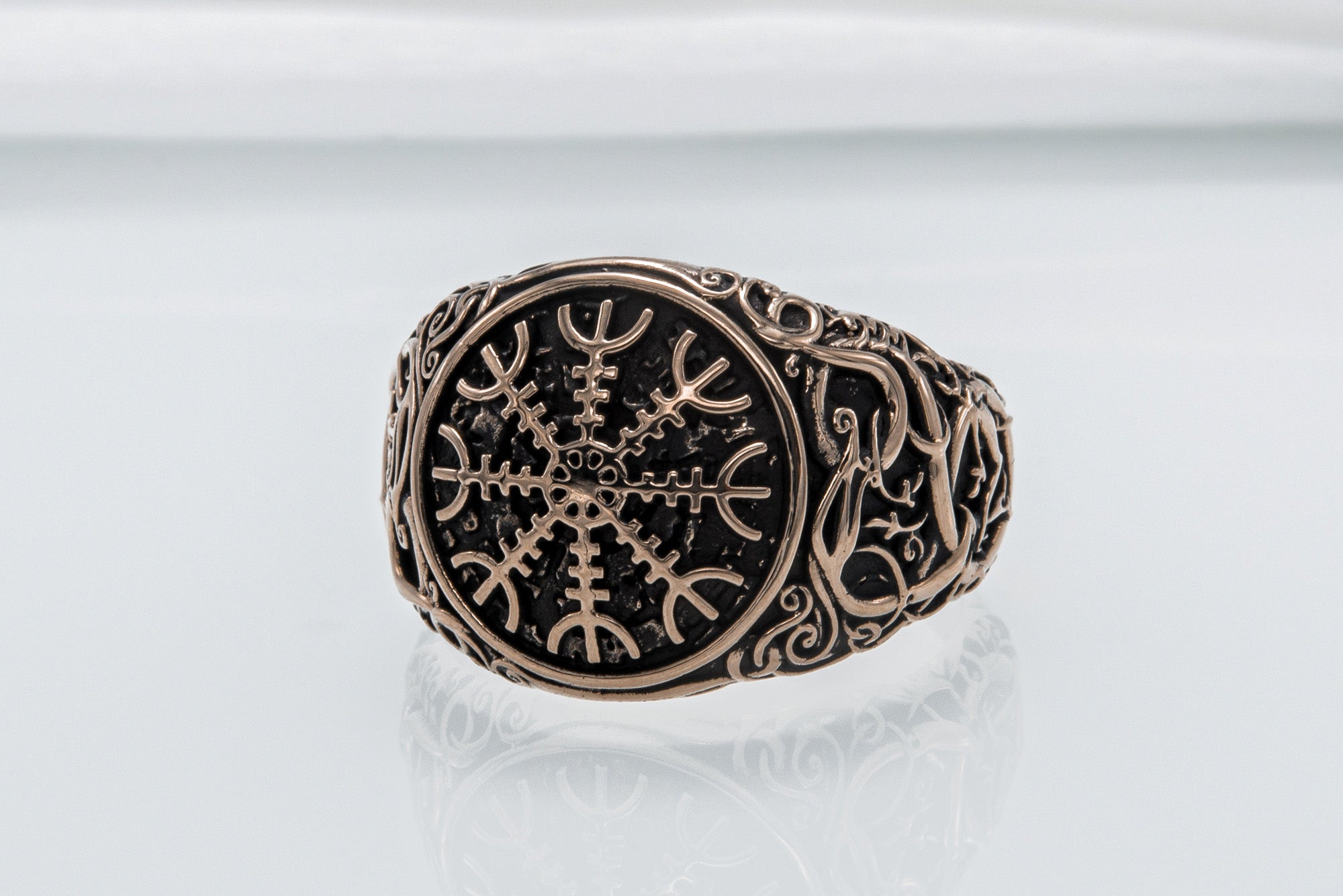 Helm of Awe Symbol with Urnes Style Bronze Norse Ring - vikingworkshop