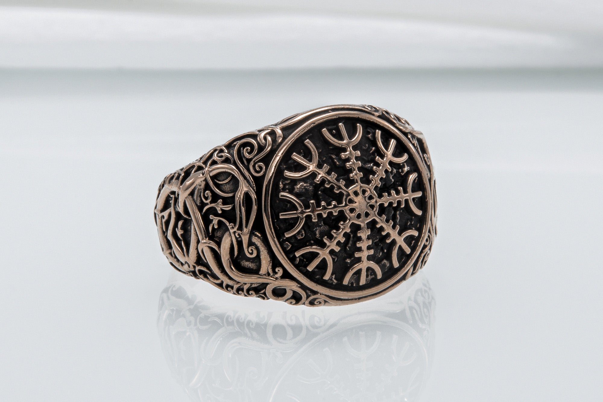 Helm of Awe Symbol with Urnes Style Bronze Norse Ring - vikingworkshop