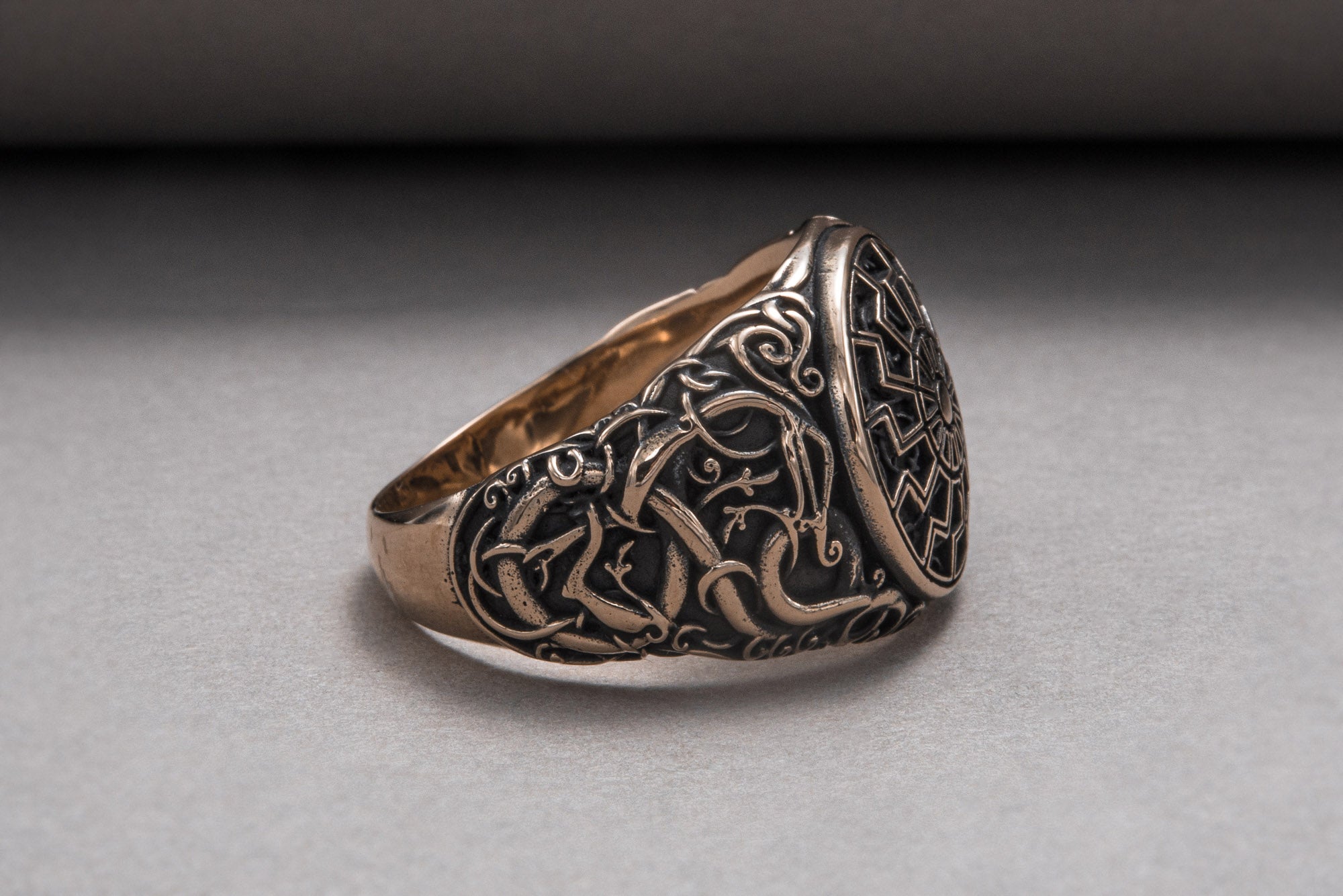 Black Sun Symbol with Urnes Style Bronze Norse Ring - vikingworkshop