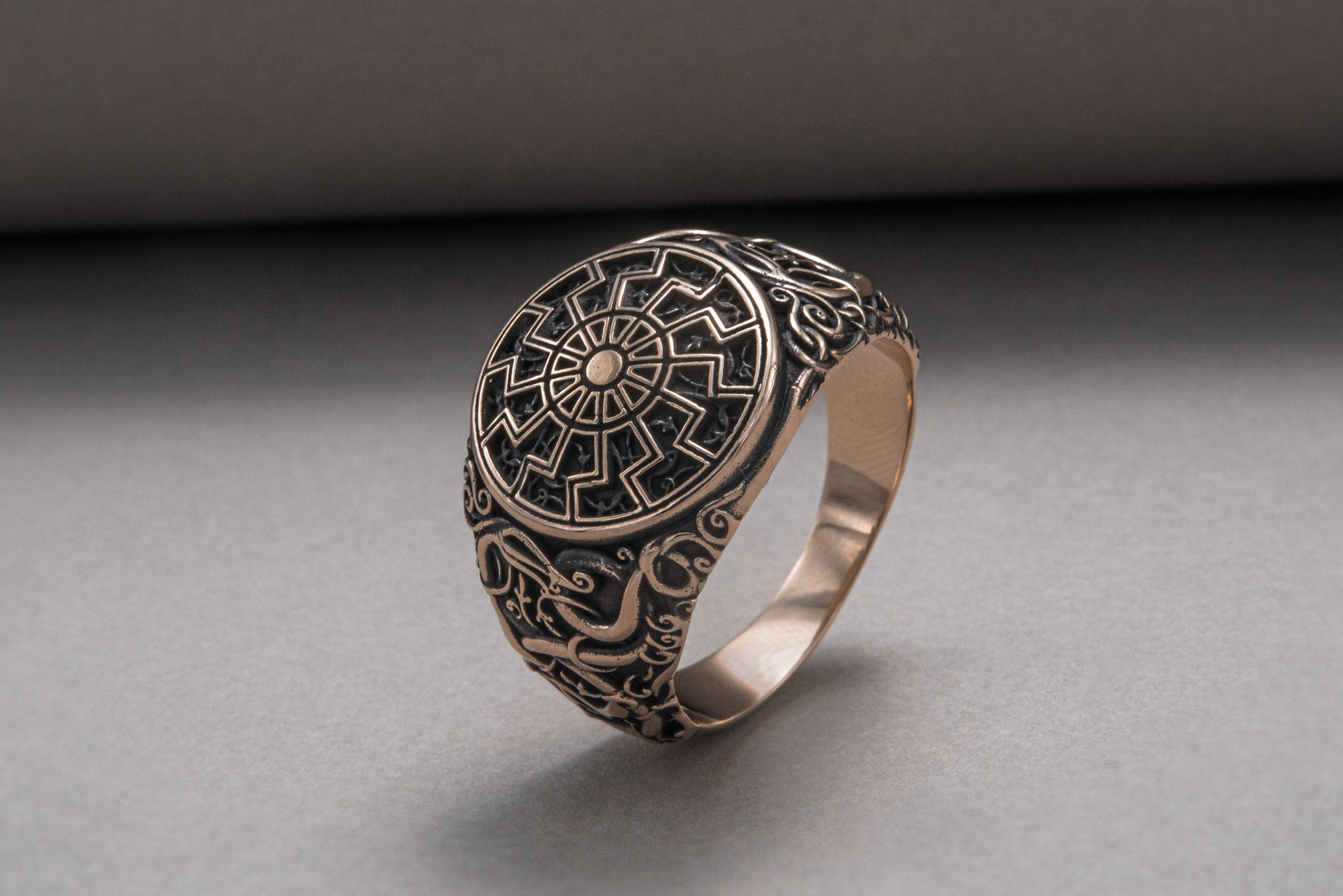 Black Sun Symbol with Urnes Style Bronze Norse Ring - vikingworkshop