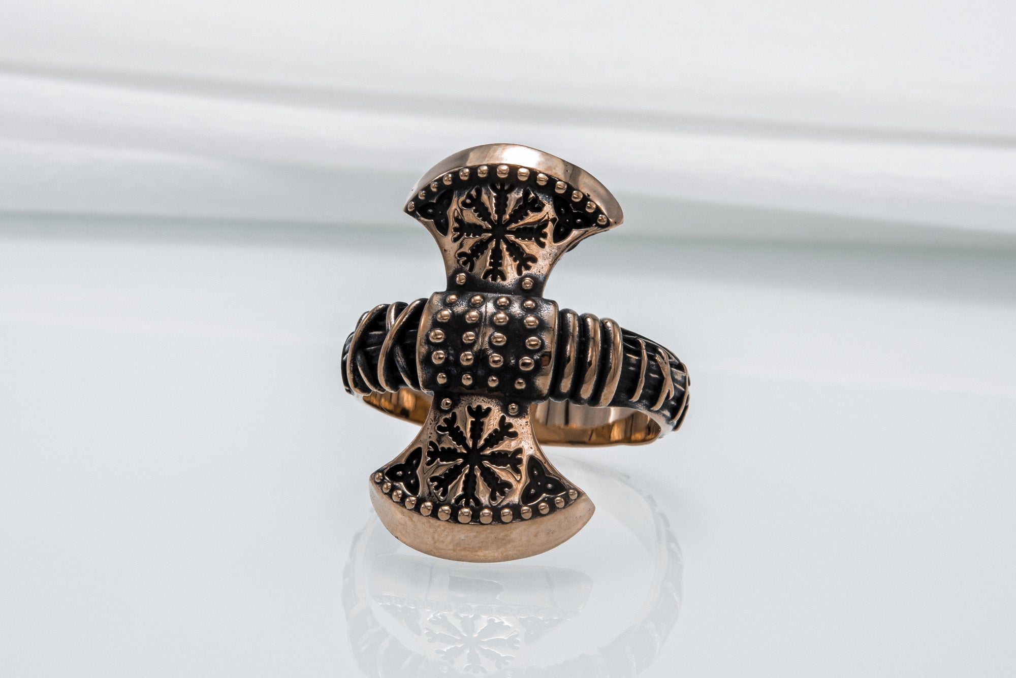 Axe Ring with Helm of Awe Symbol Bronze Viking Jewelry - vikingworkshop