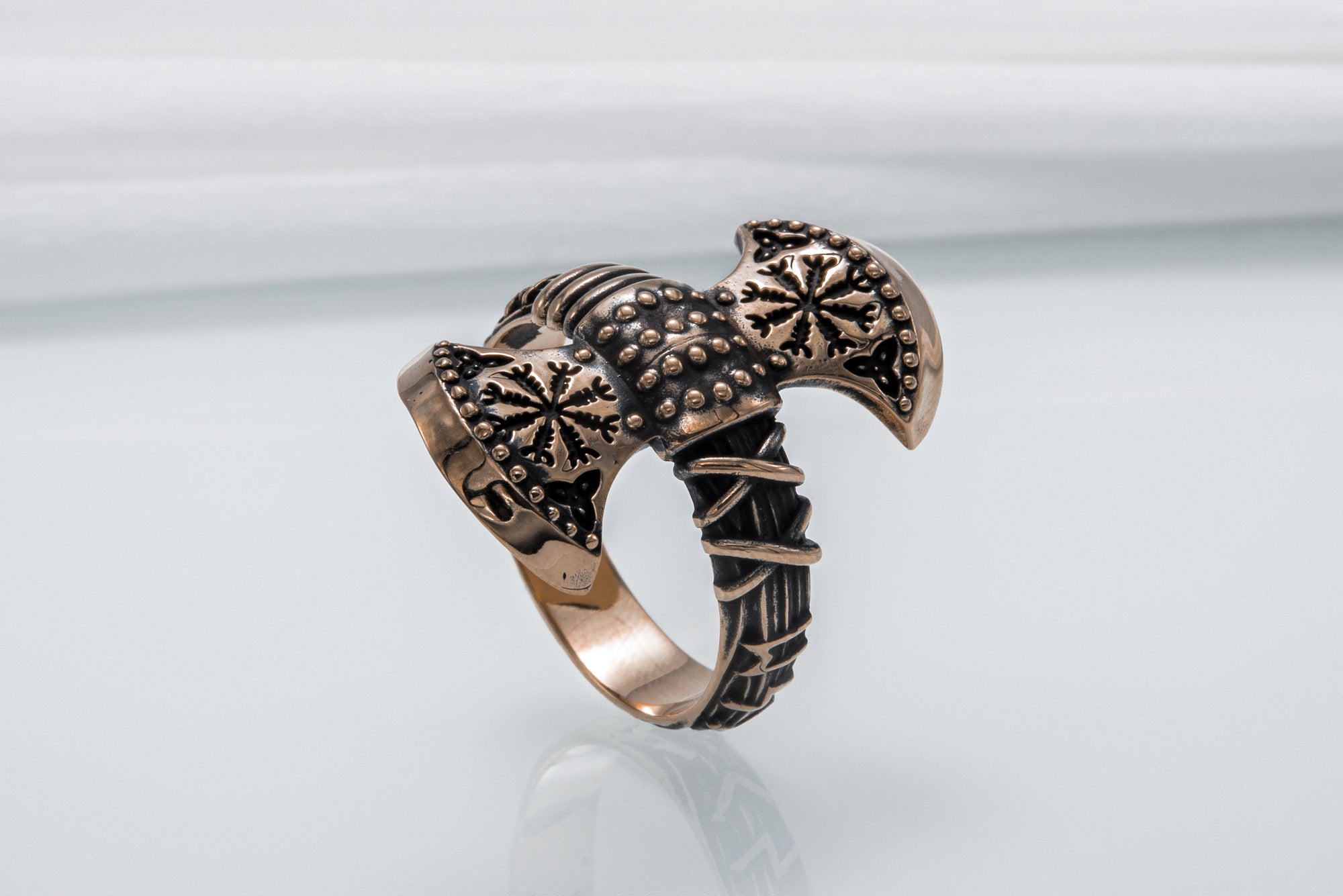 Axe Ring with Helm of Awe Symbol Bronze Viking Jewelry - vikingworkshop