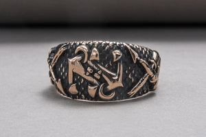 Fish Ring with Anchor Symbol Bronze Handmade Unique Jewelry - vikingworkshop