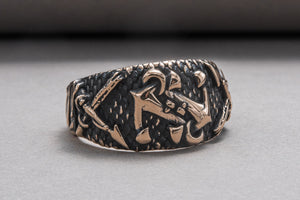 Fish Ring with Anchor Symbol Bronze Handmade Unique Jewelry - vikingworkshop