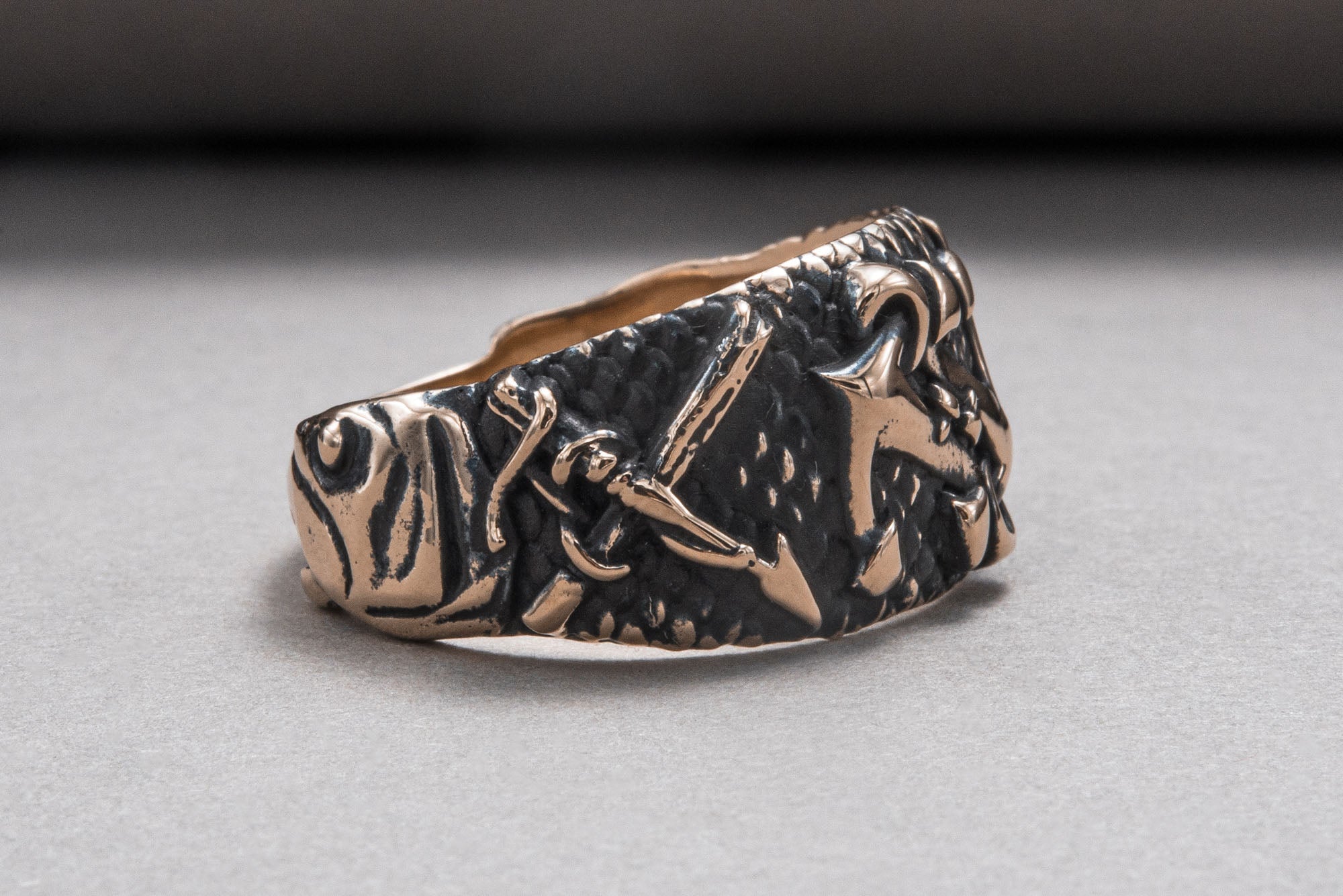 Fish Ring with Anchor Symbol Bronze Handmade Unique Jewelry - vikingworkshop