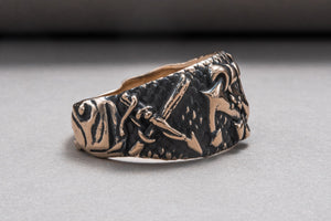 Fish Ring with Anchor Symbol Bronze Handmade Unique Jewelry - vikingworkshop