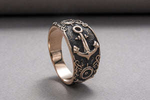 Fish Ring with Anchor Symbol Bronze Handmade Unique Jewelry - vikingworkshop