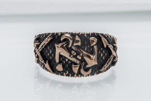 Fish Ring with Anchor Symbol Bronze Handmade Unique Jewelry - vikingworkshop