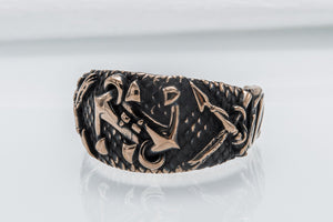 Fish Ring with Anchor Symbol Bronze Handmade Unique Jewelry - vikingworkshop