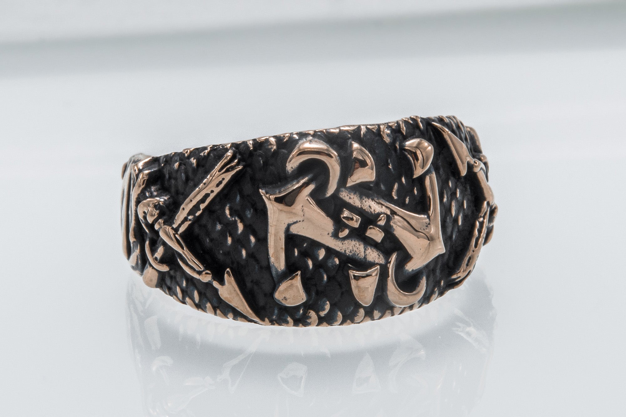 Fish Ring with Anchor Symbol Bronze Handmade Unique Jewelry - vikingworkshop