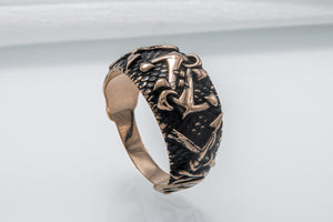 Fish Ring with Anchor Symbol Bronze Handmade Unique Jewelry - vikingworkshop