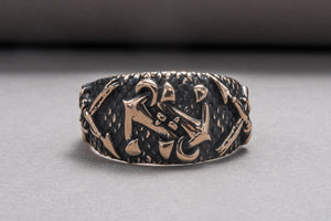 Fish Ring with Anchor Symbol Bronze Handmade Unique Jewelry - vikingworkshop