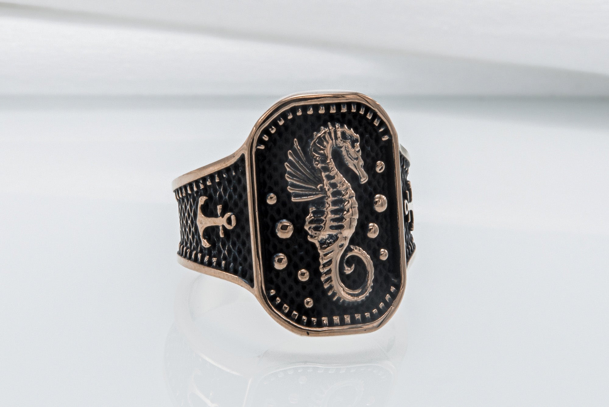 Ring with Seahorse Symbol and Anchor Bronze Jewelry - vikingworkshop