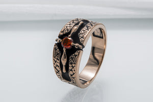 Ring with Red Cubic Zirconia Bronze Handcrafted Jewelry - vikingworkshop