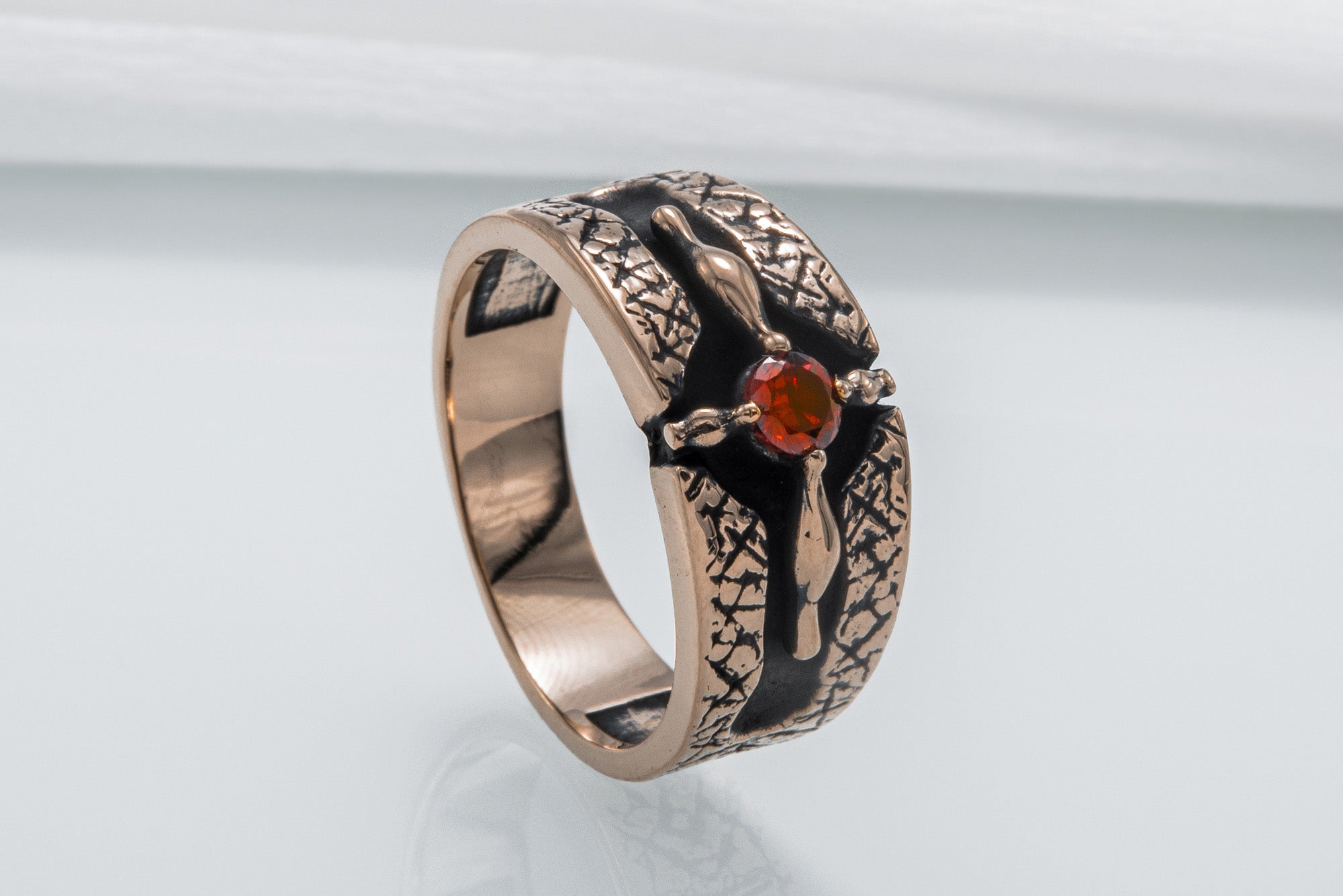 Ring with Red Cubic Zirconia Bronze Handcrafted Jewelry - vikingworkshop