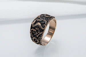 Seahorse Ring with Ship Steering Wheel Bronze Jewelry - vikingworkshop