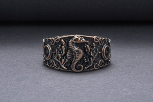 Seahorse Ring with Ship Steering Wheel Bronze Jewelry - vikingworkshop